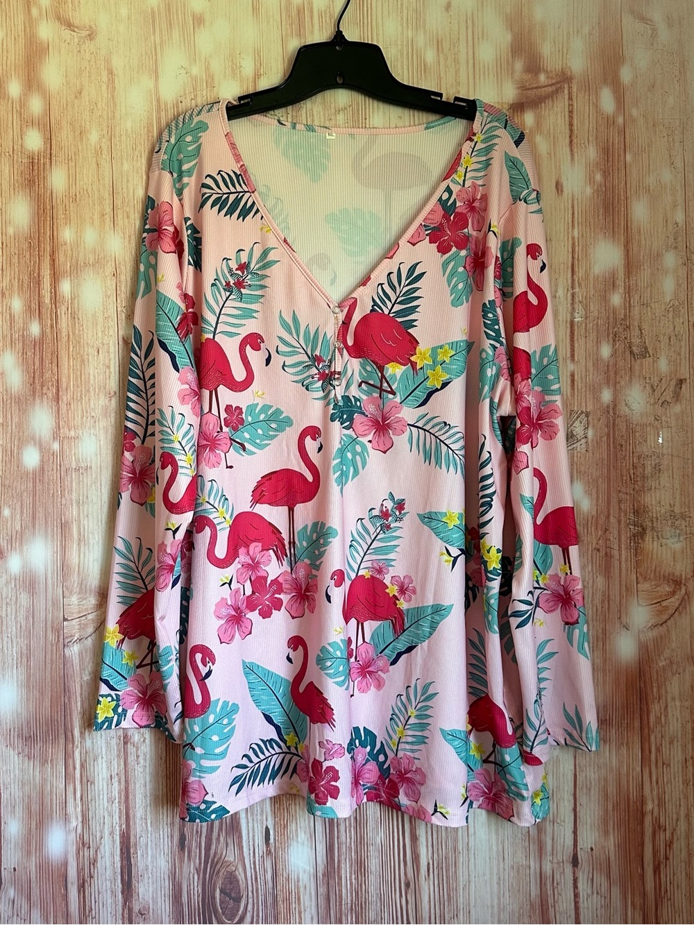 Unbranded Pink Floral Flamingo Print V Neck Ribbed Long Sleeve Top Size 4X